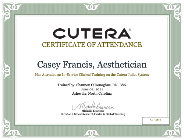 Cutera Certificate of Attendance - Casey